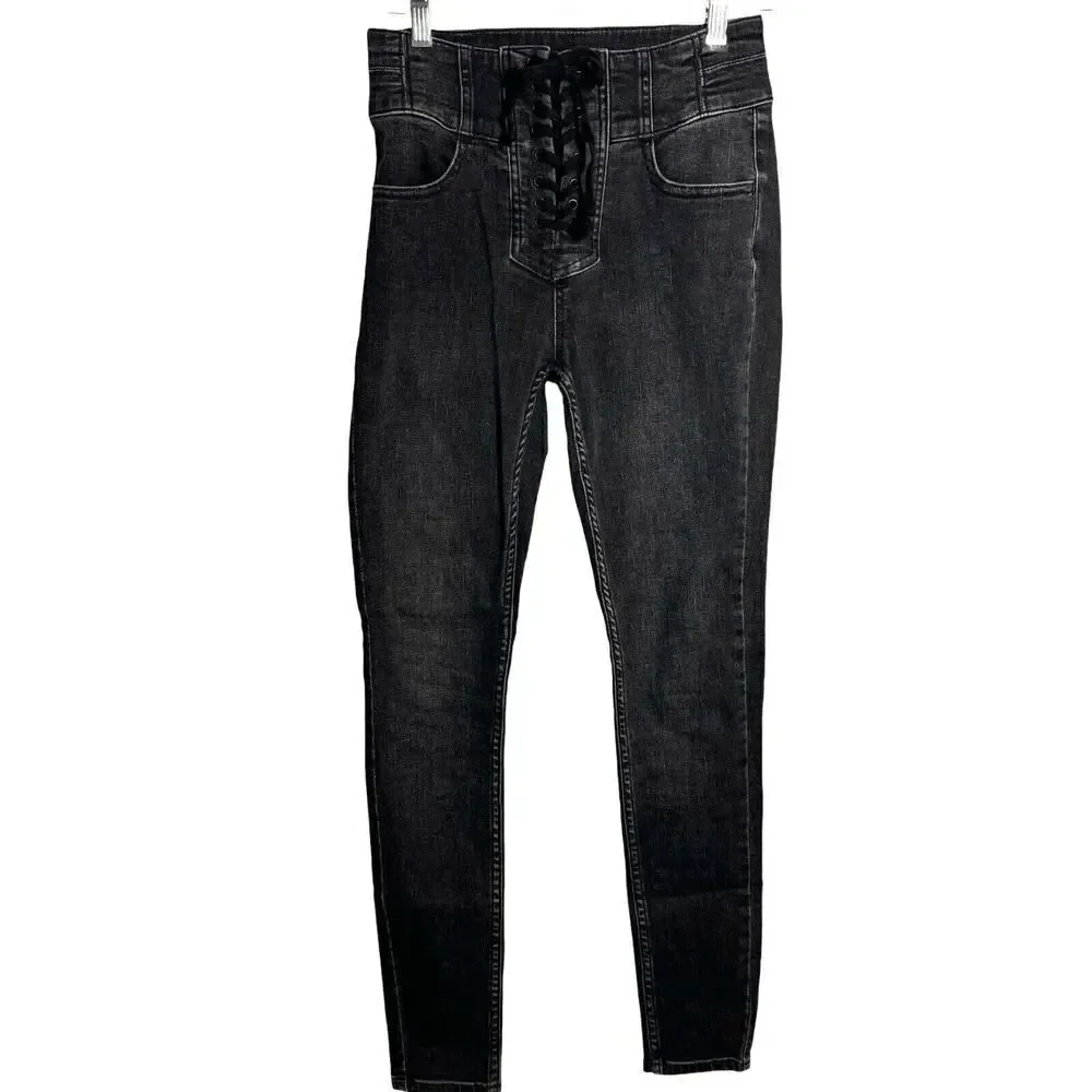 We the FREE PEOPLE Womens Curvy Lovers Knot Lace Up Black Skinny Jeans Size 25